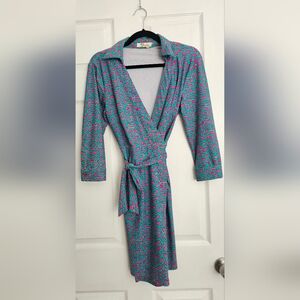 Anthropologie Aryeh Teal and Pink Geometric Dress